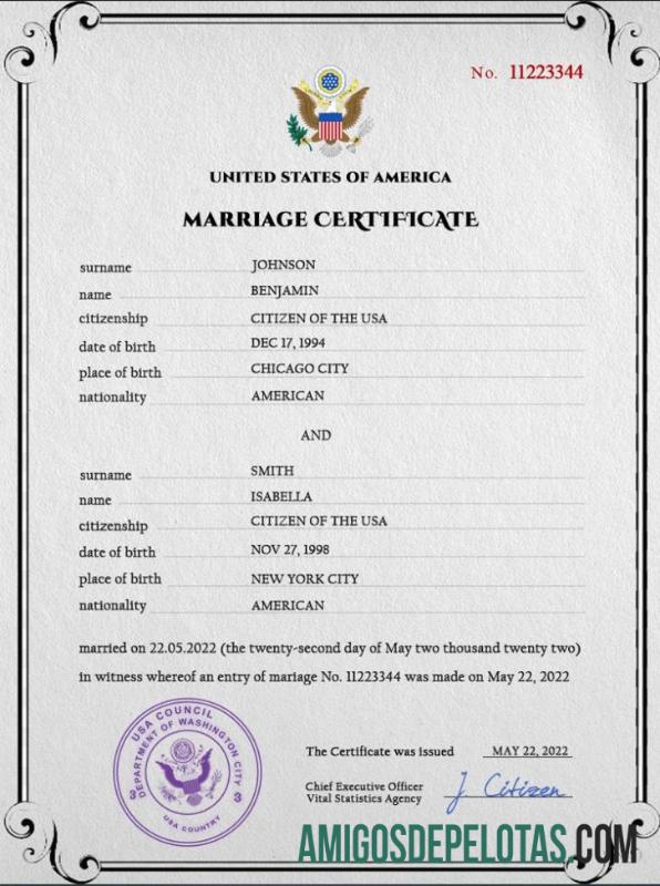 Imprimível modelo PSD de certidão de casamento nos EUA,
